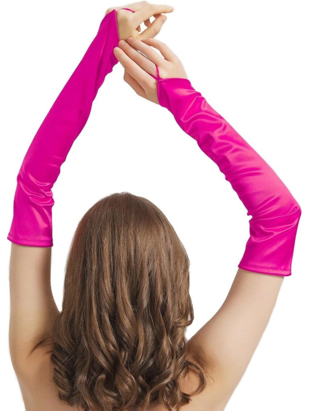 Women's Hot Pink Fingerless Elbow Length Halloween Cosplay 1920s Satin Gloves